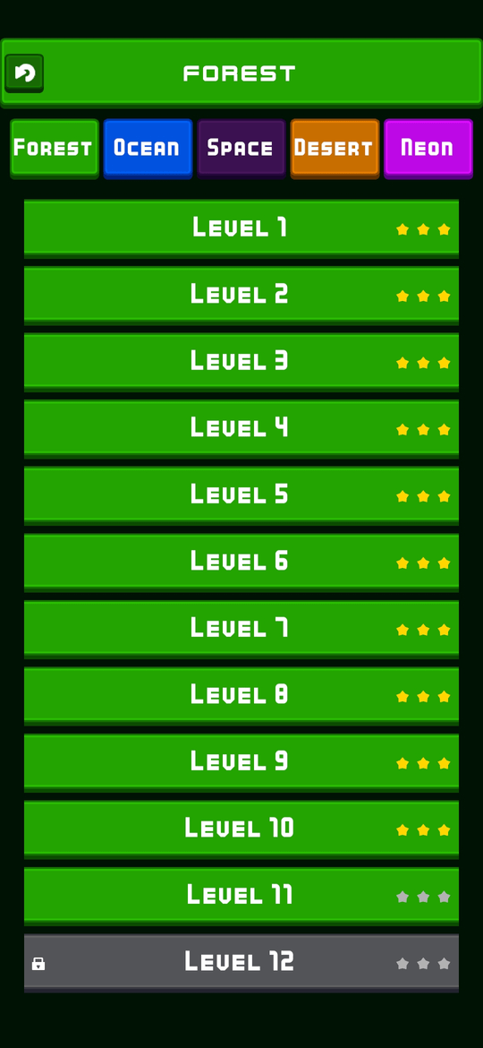 Forest world level select showing 12 levels with star ratings across 5 themed worlds