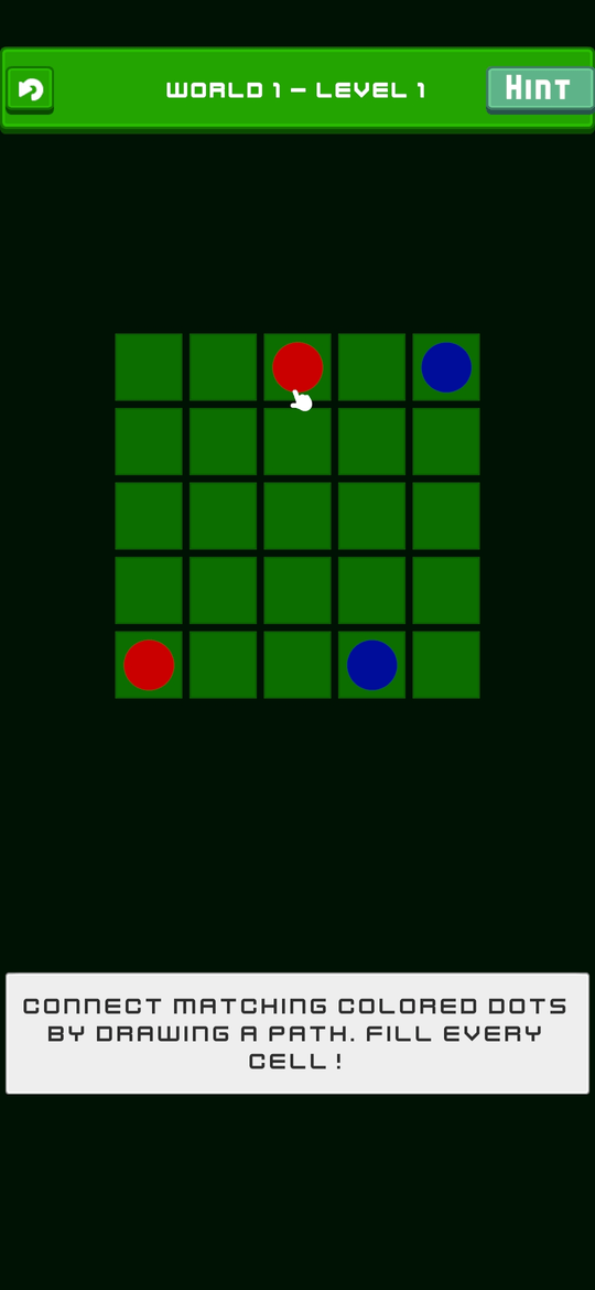 Gameplay on World 1 Level 1 with red and blue dots on a green puzzle grid